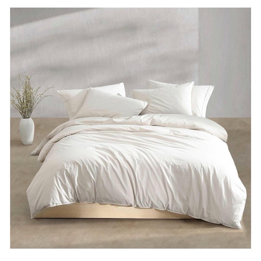 Calvin Klein Washed Percale Cotton Solid 3 Piece Duvet Cover Set, Queen